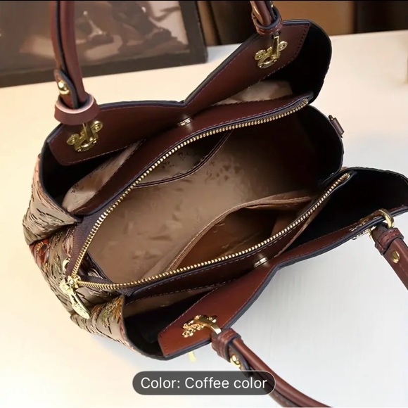 Floral Embossed Leather Shoulder Bag - Coffee - Picture 4 of 10